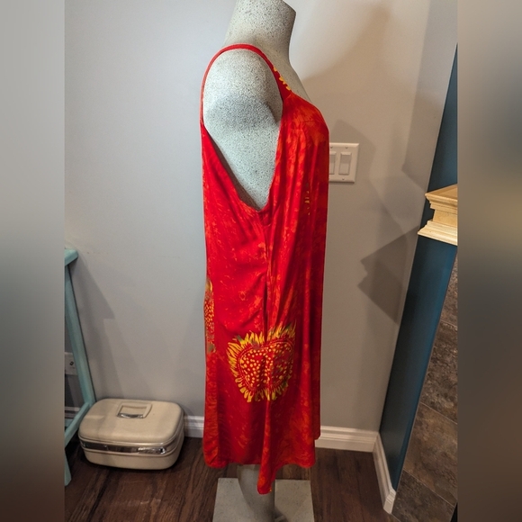 Rayon red sundress with bright golden sunburst sunflowers Size L - Picture 6 of 10